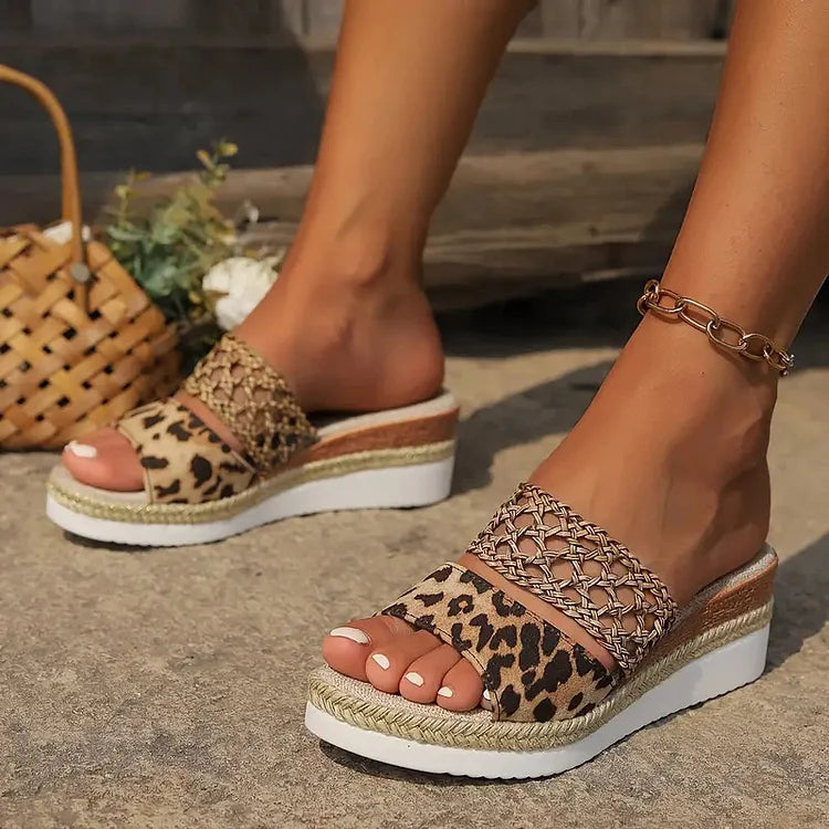 Crochet Hollow Floral Butterfly Leopard Print Espadrille Wedge Slippers