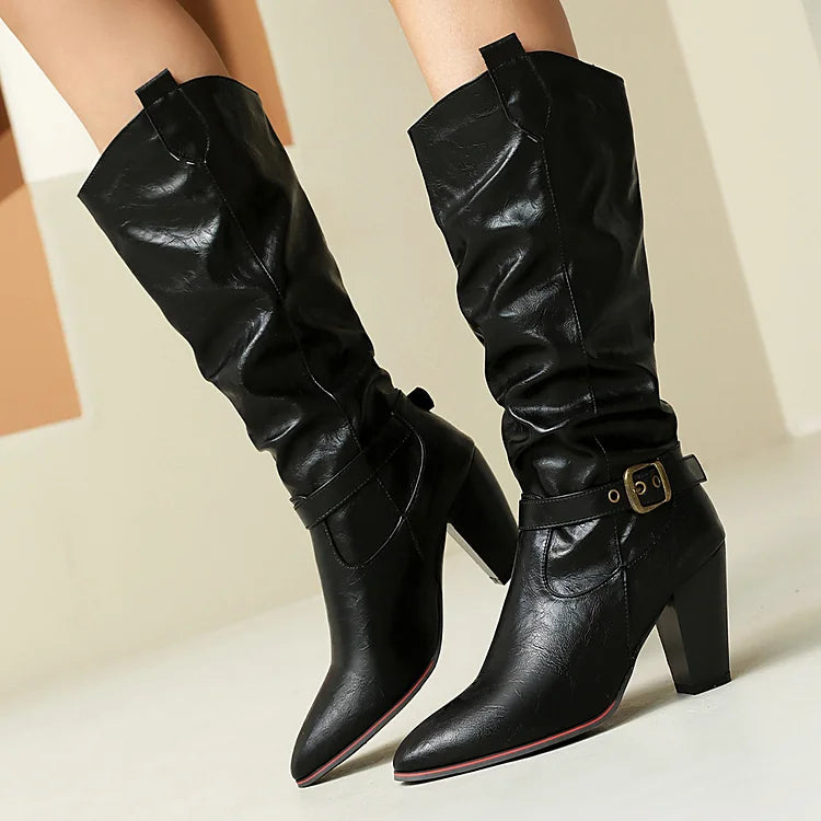 Pointed Toe Chunky Heel Strap Buckle Decor Solid Color Mid Calf Boots