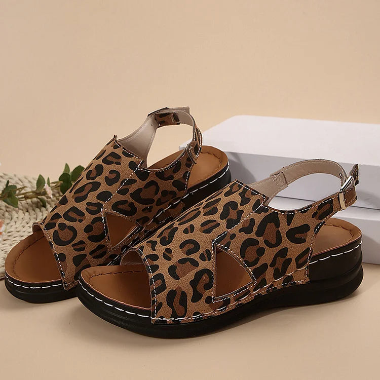 Leopard Print Stitch Detail Cut Out Slingback Strap Wedge Sandals