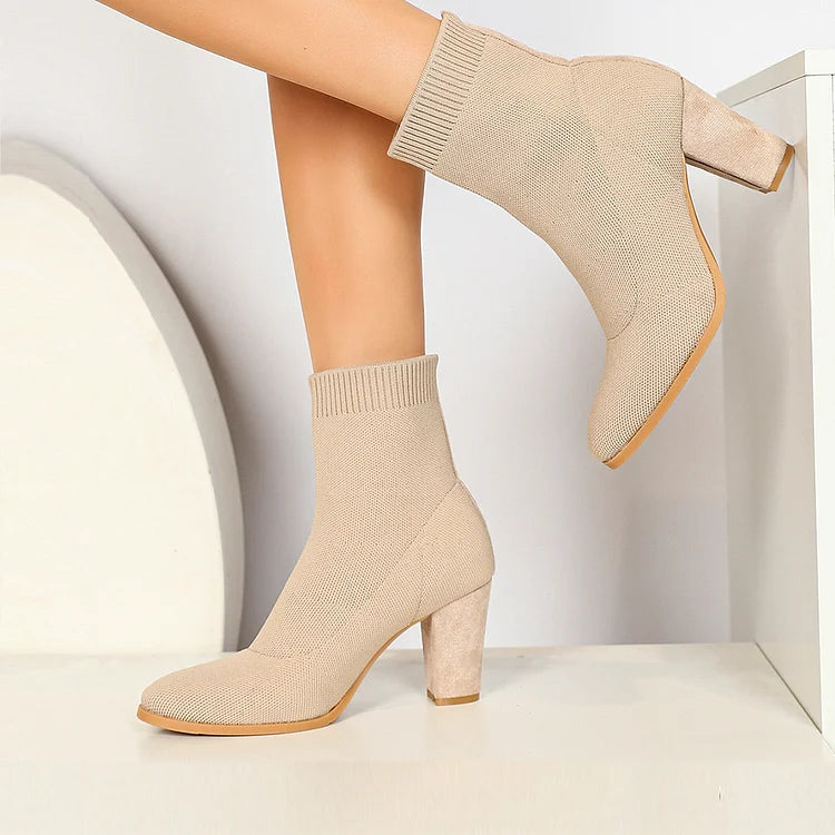 Knitted Solid Color Pointed Toe Chunky Heel Pull On Sock Ankle Boots