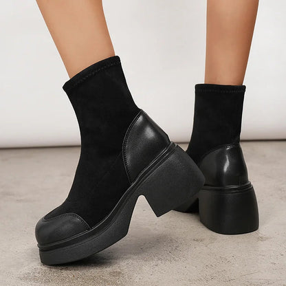 Patchwork Round Toe Chunky Heel Pull On Mid Boots