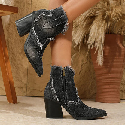 Stitch Detail Raw Trim Patchwork Pointed Toe Chunky Heel Ankle Boots