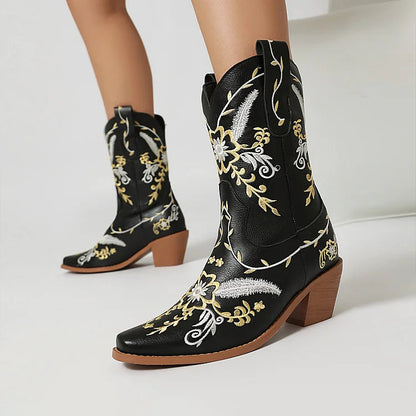 Floral Embroidery Patchwork Pointed Toe Chunky Heel Western Boots