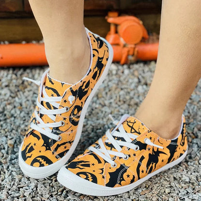 Halloween Pumpkin Bat Print Lace Up Canvas Casual Shoes