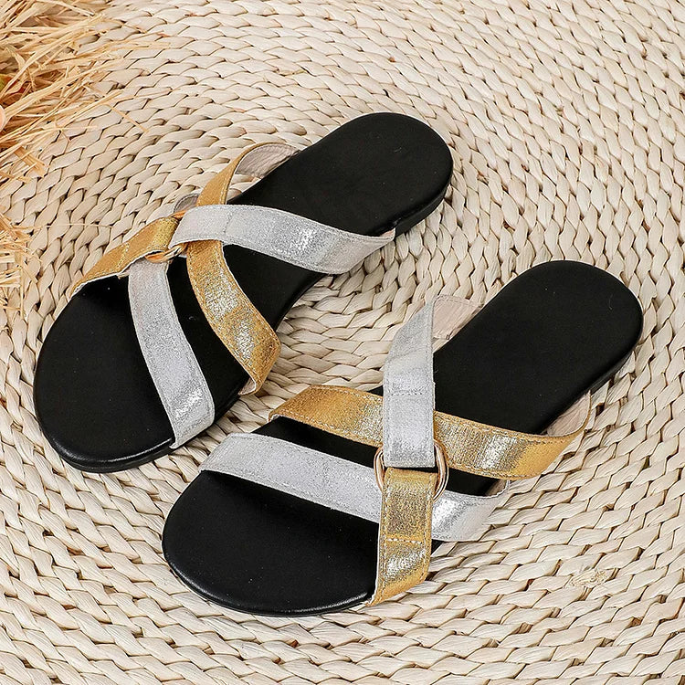 Color Matching Cross Strap Buckle Decor Round Toe Slippers