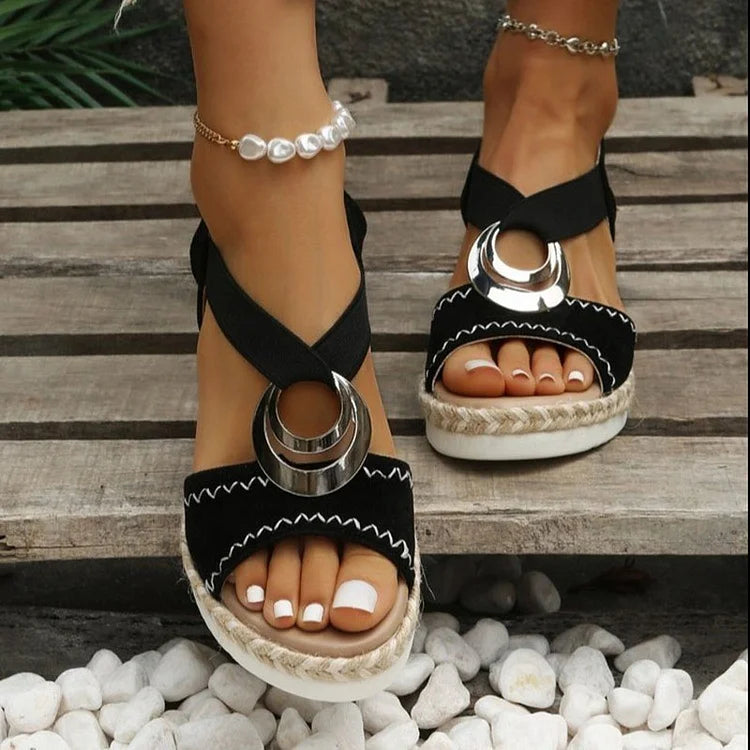 Seam O-Ring Buckle Decor Ankle Strap Platform Wedge Espadrille Sandals