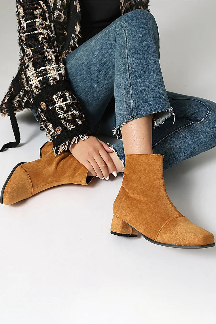 Solid Color Patchwork Square Toe Low Block Heel Ankle Boots