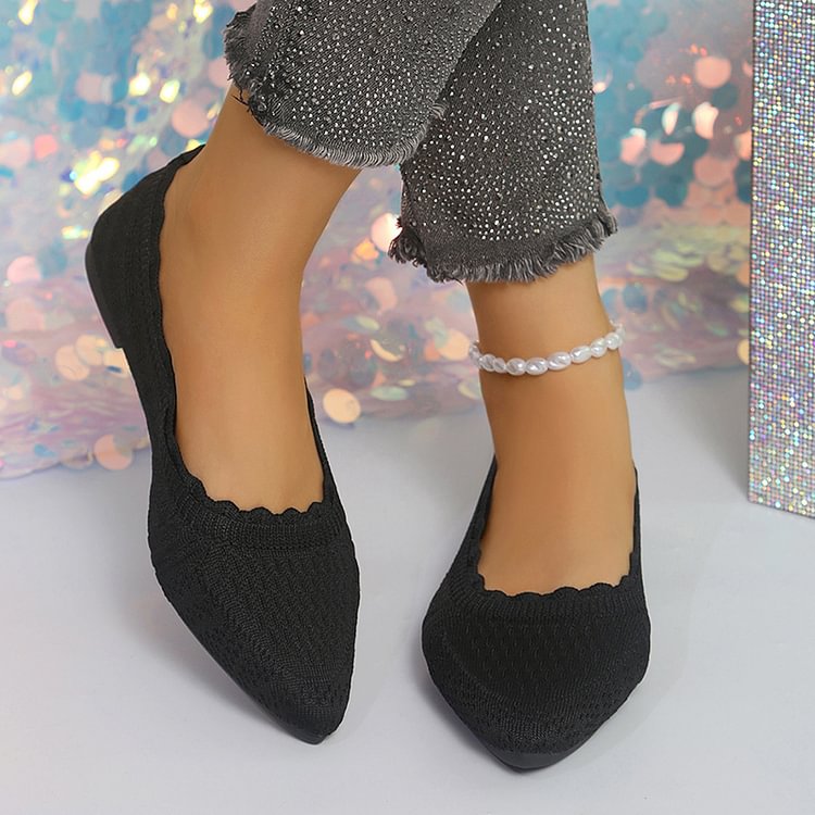 Knitted Solid Color Pointed Toe Patchwork Slip On Flats