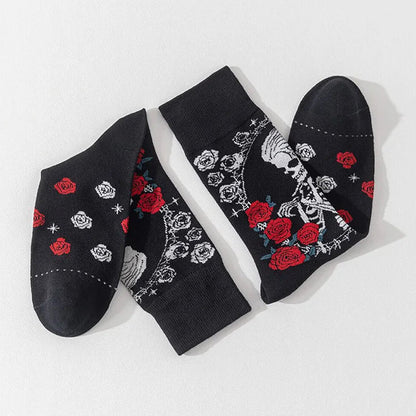 Halloween Long Hair Skeleton Rose Floral Print Mid Calf Socks