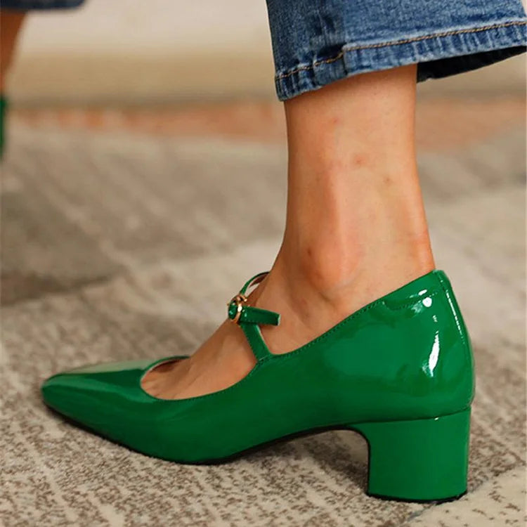 Elegant Instep Strap Buckle Solid Color Square Toe Chunky Heels