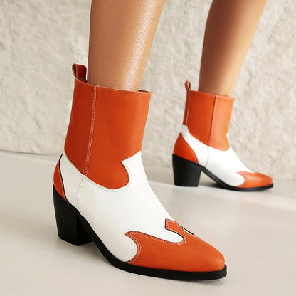 Colorblock Pointed Toe Patchwork Chunky Heel Pull On Ankle Boots