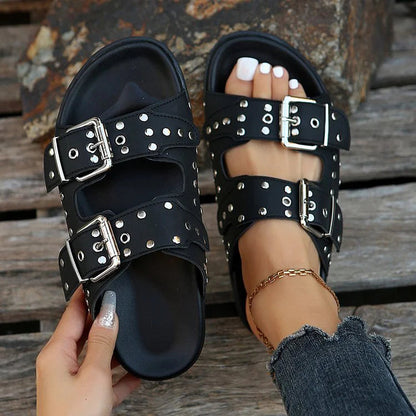 Studded Belt Buckle Round Toe Solid Color Slippers