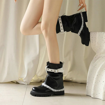 Colorblock Strap Buckle Lace Patchwork Fold Over Round Toe Ankle Boots