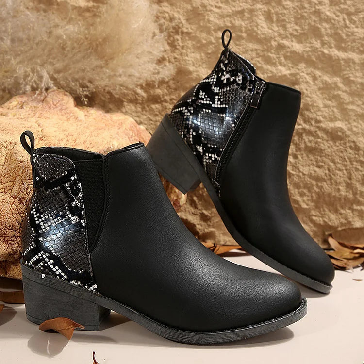 Snake Print Round Toe Patchwork Chunky Heel Zipper Ankle Boots