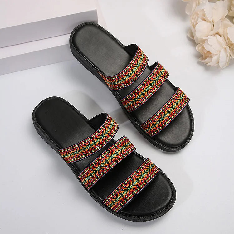 Ethnic Pattern Three Instep Straps Round Toe Slippers