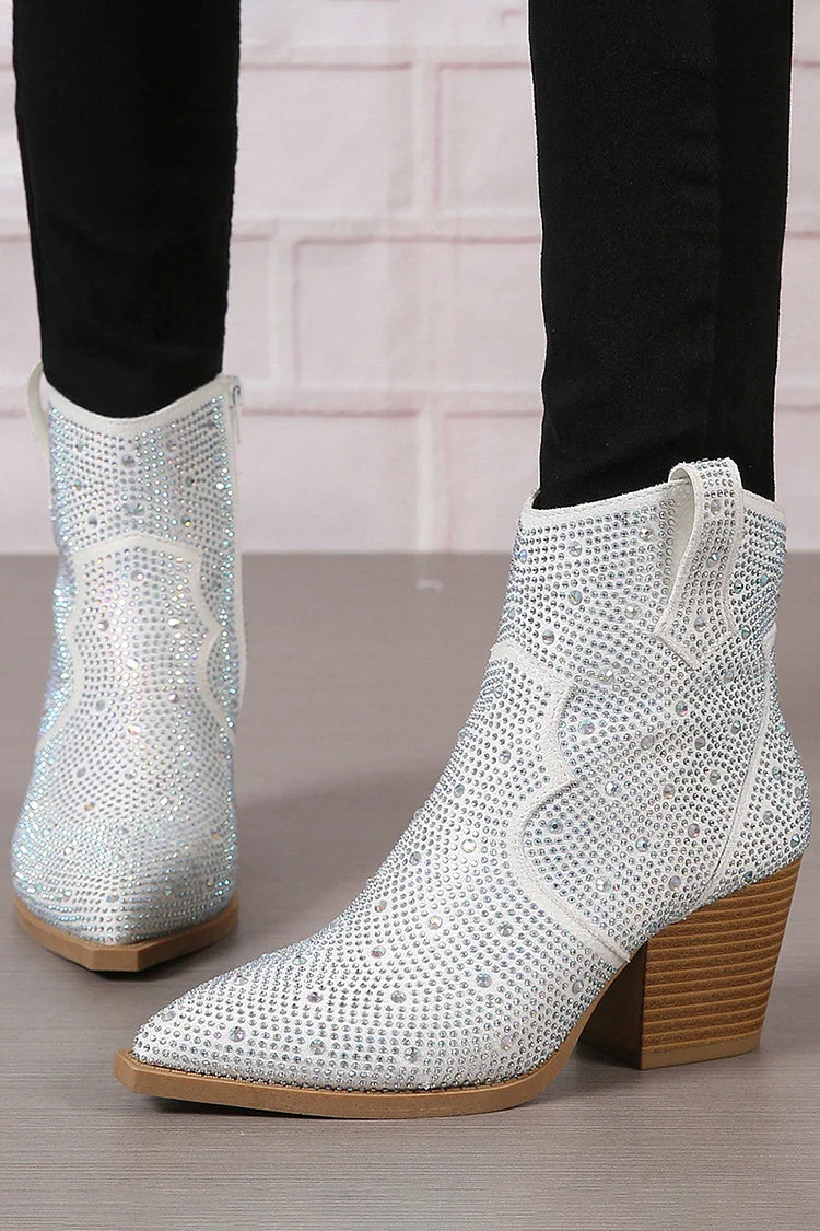 Rhinestone Decor Patchwork Zipper Pointed Toe Ankle Boots