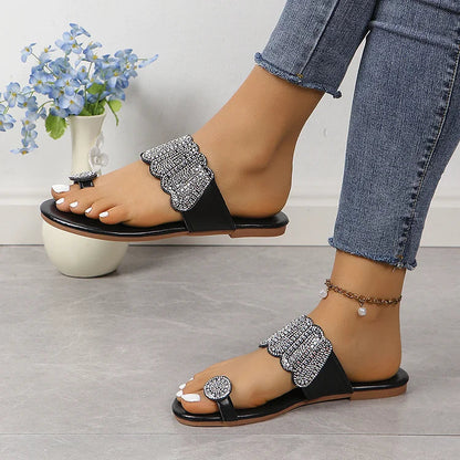 Rhinestone Decor Agaric Edge Strap Toe Ring Flat Slippers