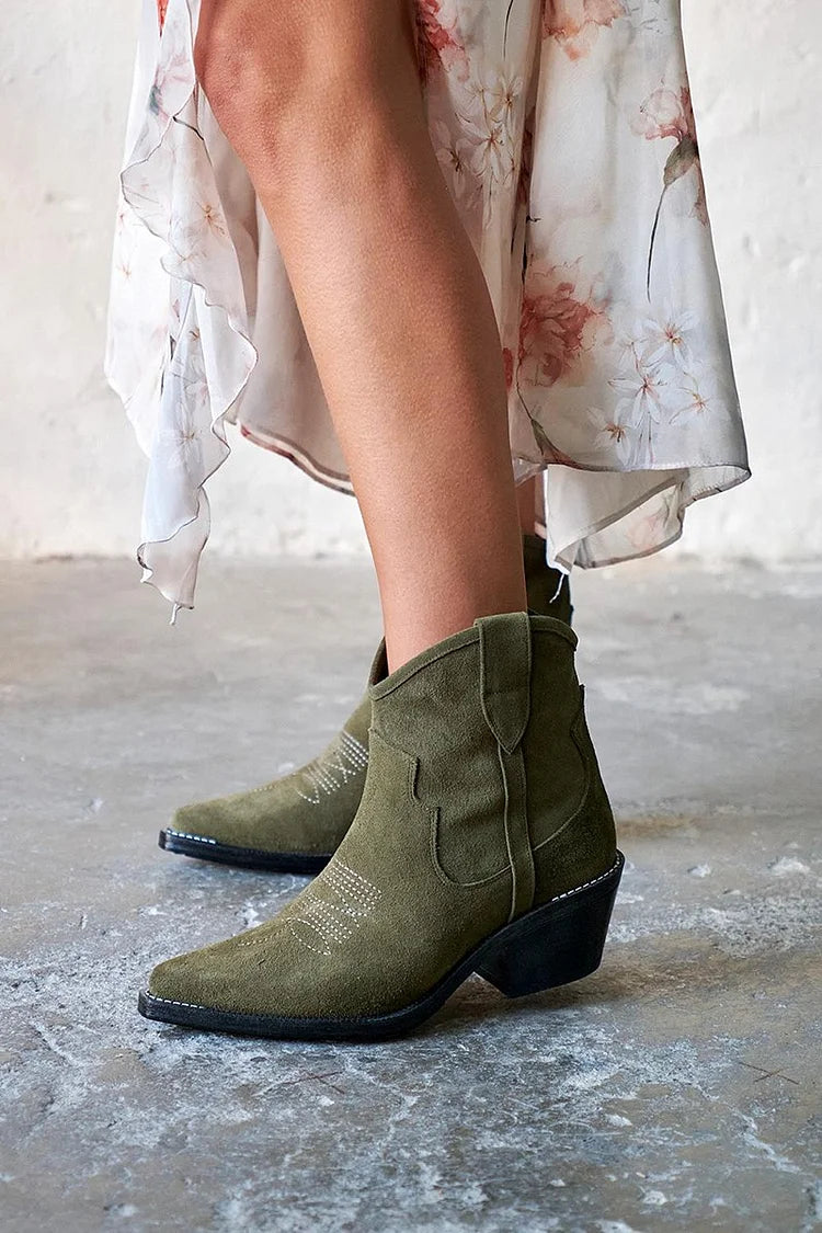 Stitch Detail Patchwork Pointed Toe Green Western Boots [Pre Order]