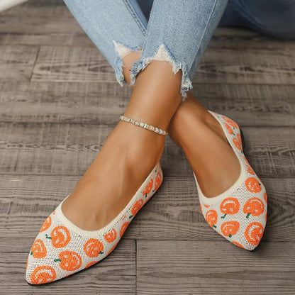 Halloween Horror Pumpkin Pattern Print Pointy Toe Knit Flats