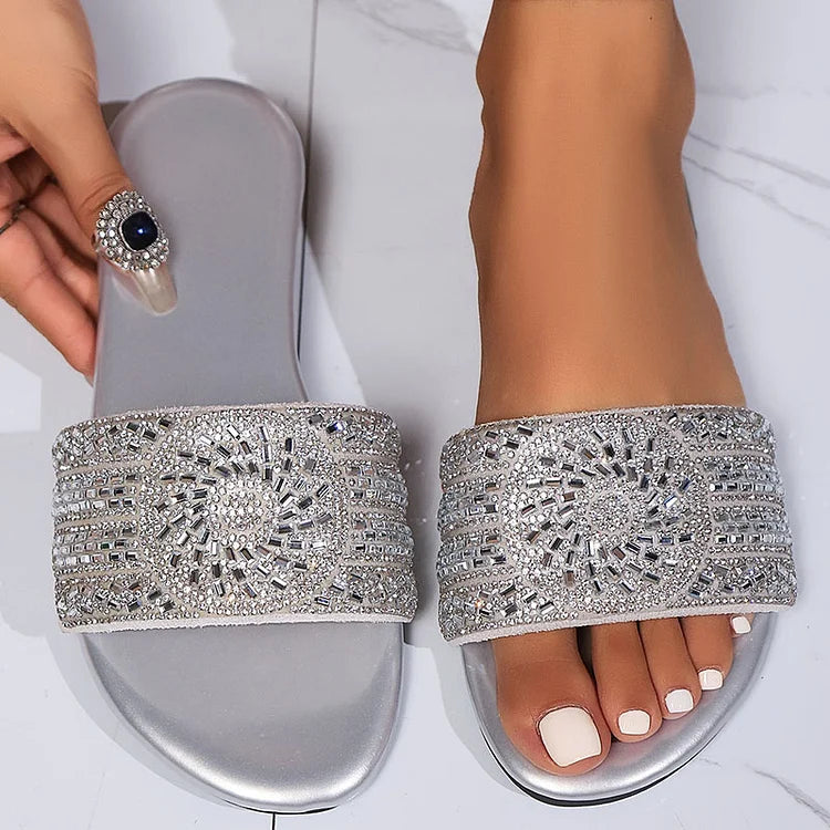 Rhinestone Embellished Metallic Sheen Round Toe Chic Slippers