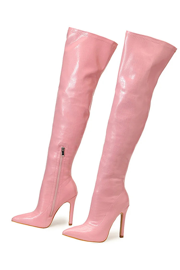 Solid Color Side Zipper Pointed Toe Stiletto Heel Over The Knee Boots