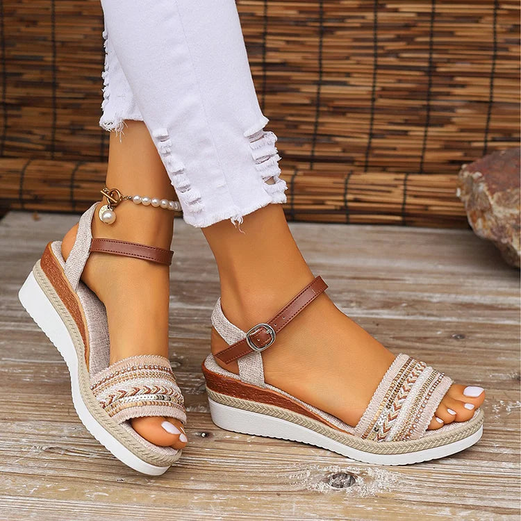 Woven Pattern Pearl Rhinestone Ankle Strap Buckle Peep Toe Wedge Sandals