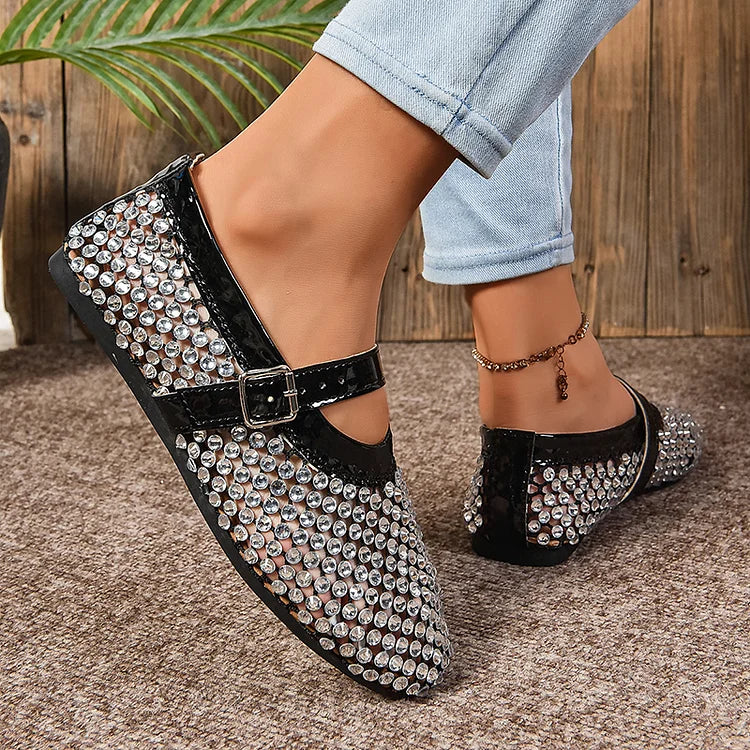 Hollow Out Rhinestone Decor Instep Strap Buckle Round Toe Flats