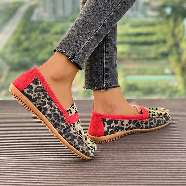 Leopard Print Colorblock Patchwork Round Toe Loafers