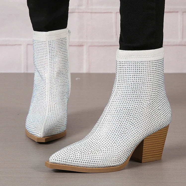 Rhinestone Pointed Toe Zipper Chunky Heel Ankle Boots