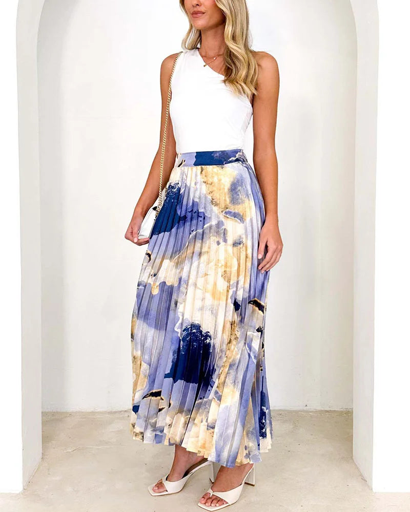 High-end oil painting printed pleated A-line pleated skirt