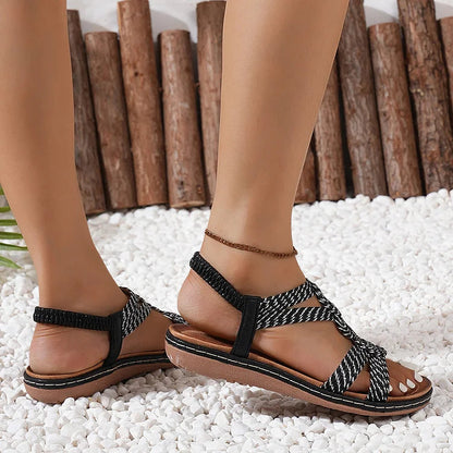 Boho Casual Woven Sewing Thread Strappy Round Toe Sandals