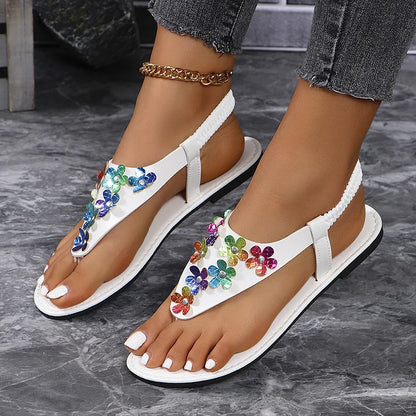 Colourful Flower Studded Decor Elastic Ankle Band Flip Flops Sandals