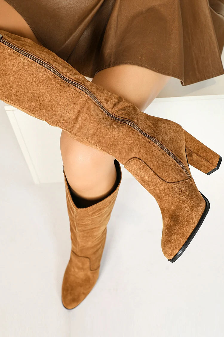 Solid Color Patchwork Pointed Toe Chunky Heel Zipper Knee High Boots