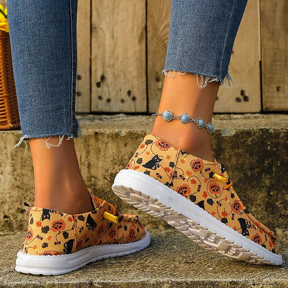 Halloween Candy Pumpkin Cat Print Lace Up Canvas Casual Shoes