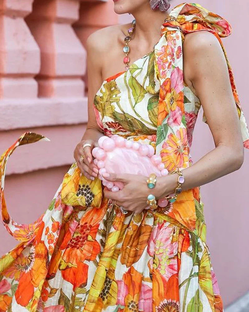 Elegant One-shoulder Lace-up Print Dress