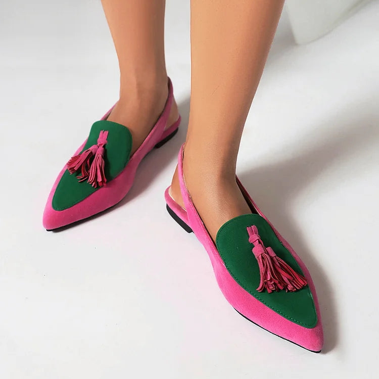 Color Block Fringed Trim Slingback Pointy Toe Flats