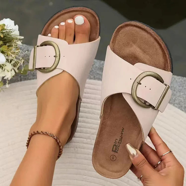 Buckle Strap Design Soft-Soled Round Toe Casual Plain Slippers