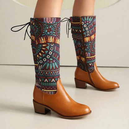 Multicolor Tribal Pattern Patchwork Lace Up Mid Calf Boots