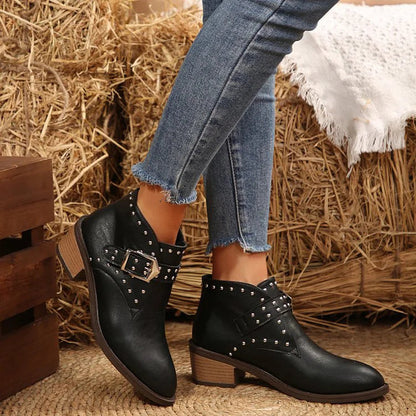 Metal Rivets Decor Patchwork Strap Buckle Chunky Heel Ankle Boots