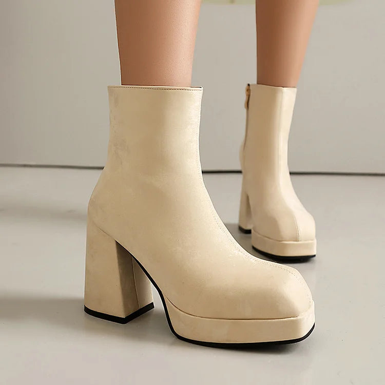 Solid Color Zipper Square Toe Chunky Heel Ankle Boots