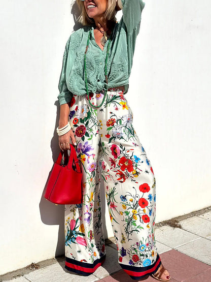 Floral Unique Print Elastic Waist Pocketed Wide Leg Pants