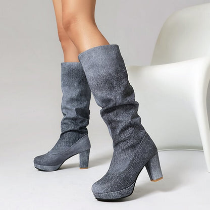 Gradient Color Denim Patchwork Round Toe Chunky Heel Knee High Boots