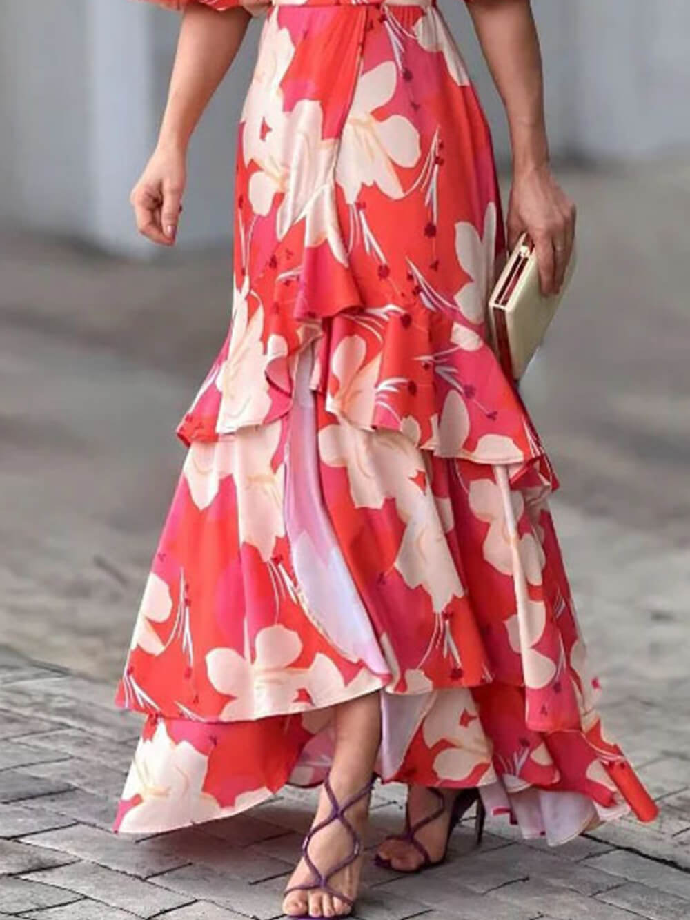 Elegant V-Neck Printed Layered Dress