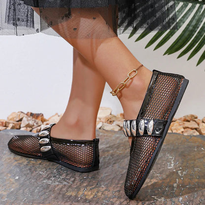 Hollow Out Mesh Patchwork Metal Decor Slip On Loafers
