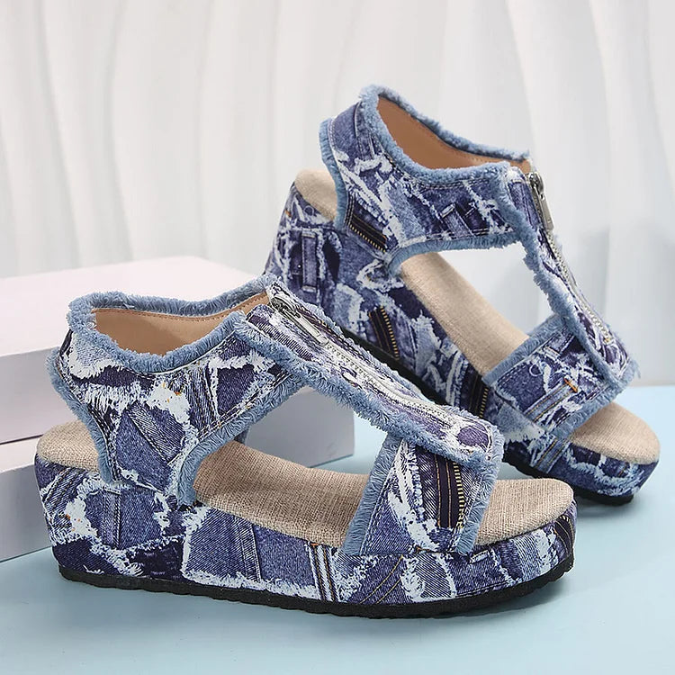 Patchwork Denim Raw Trim Peep Toe Zipper Platform Wedge Sandals