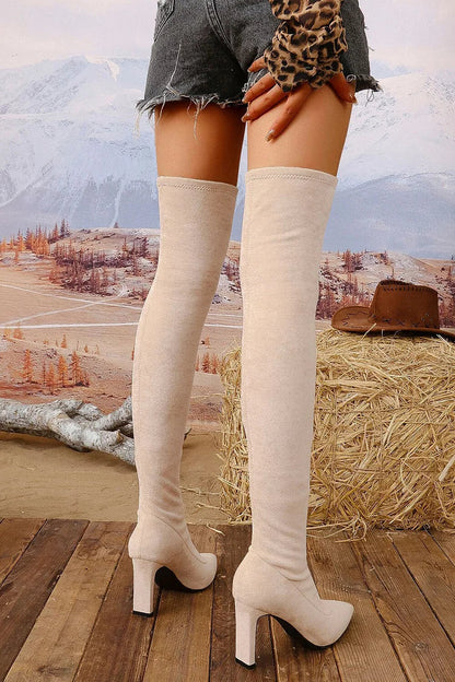 Pointed Toe Chunky Heel Solid Color Pull On Over The Knee Boots