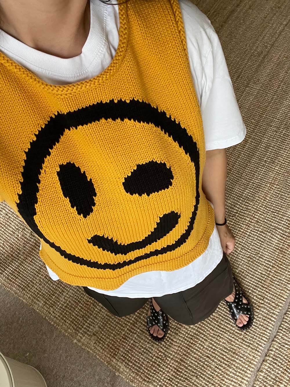 Happy Face Knit Unique Pattern Versatile Loose Tank Top