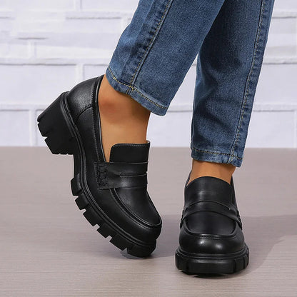 Casual Patchwork Round Toe Plain Chunky Heels Loafers