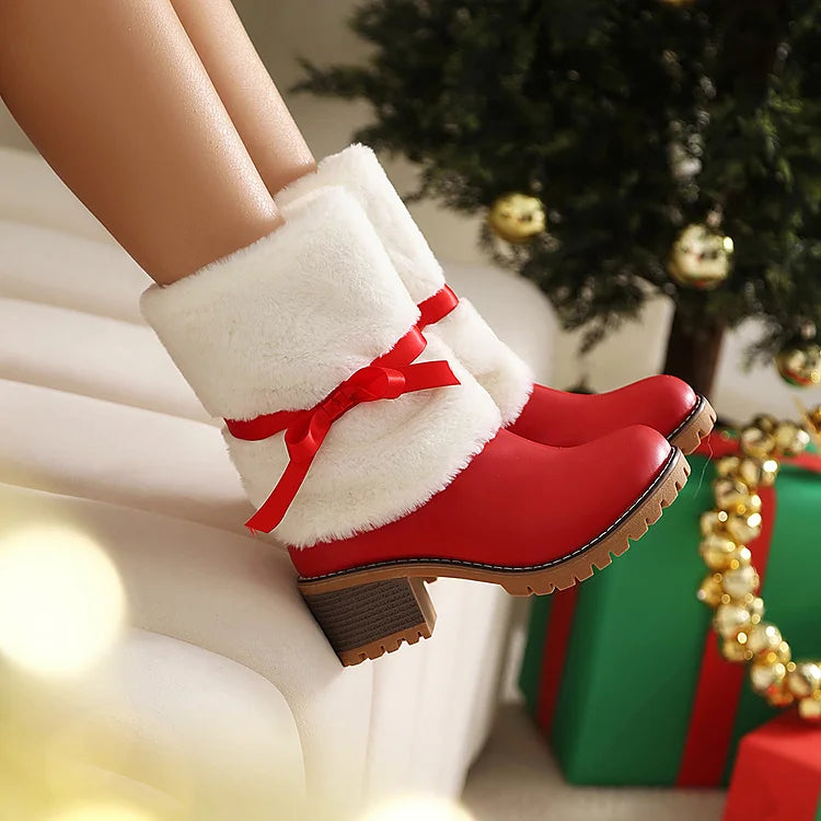 Christmas Colorblock Fluffy Tied Up Bow Round Toe Chunky Heel Mid Boots