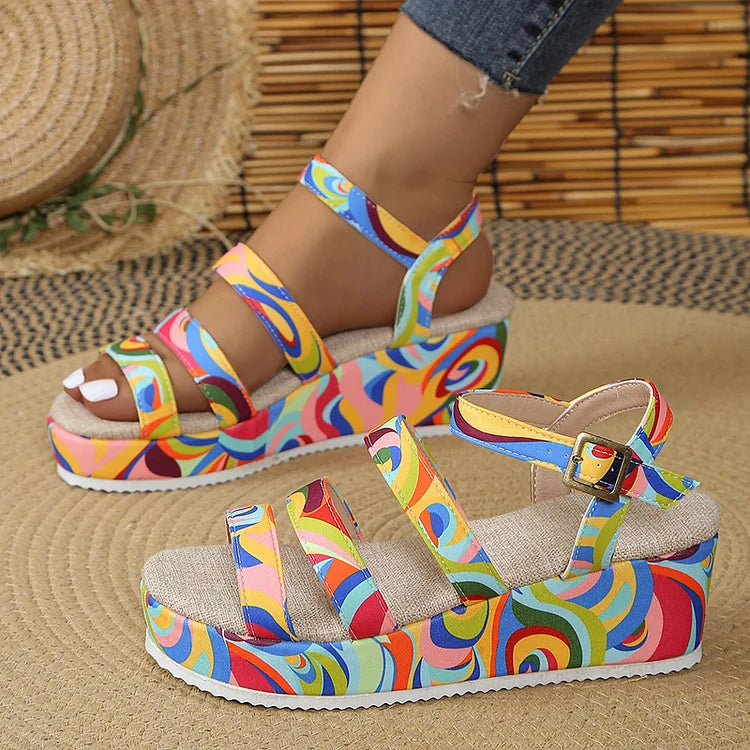 Colourful Swirl Print Strappy Buckle Peep Toe Platform Wedge Sandals